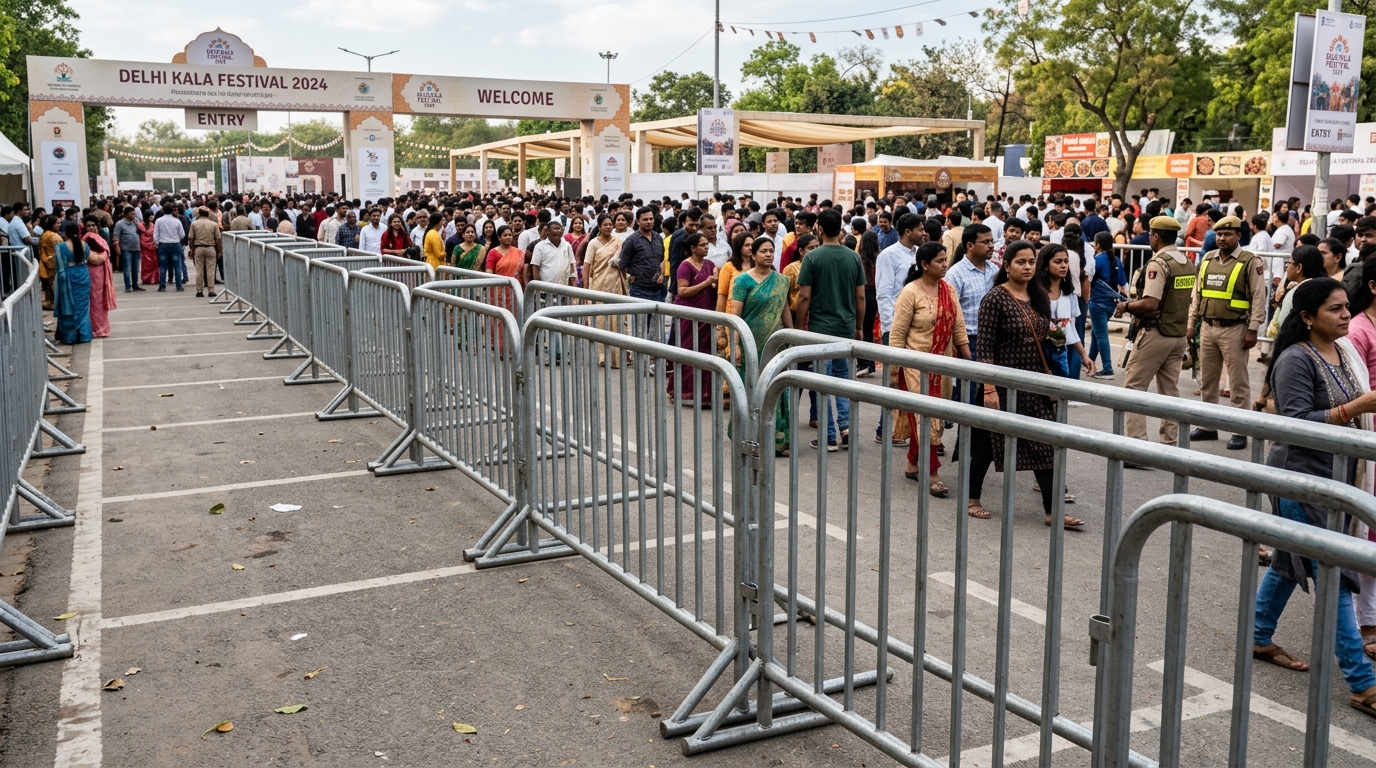 Steel crowd control barricades in a line