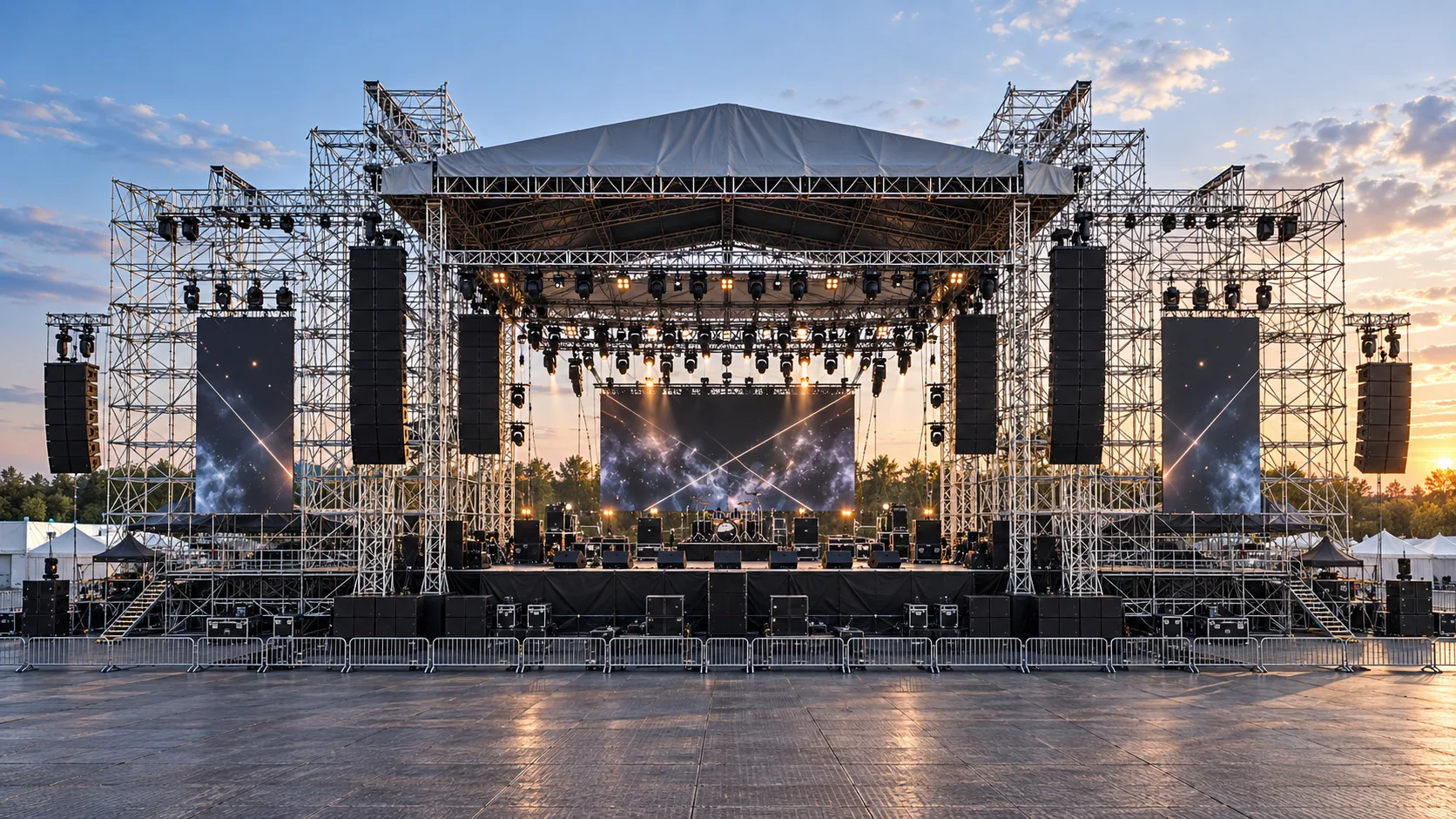 Ring lock scaffolding stage structure with line-array speakers, rigging and LED screens at dusk