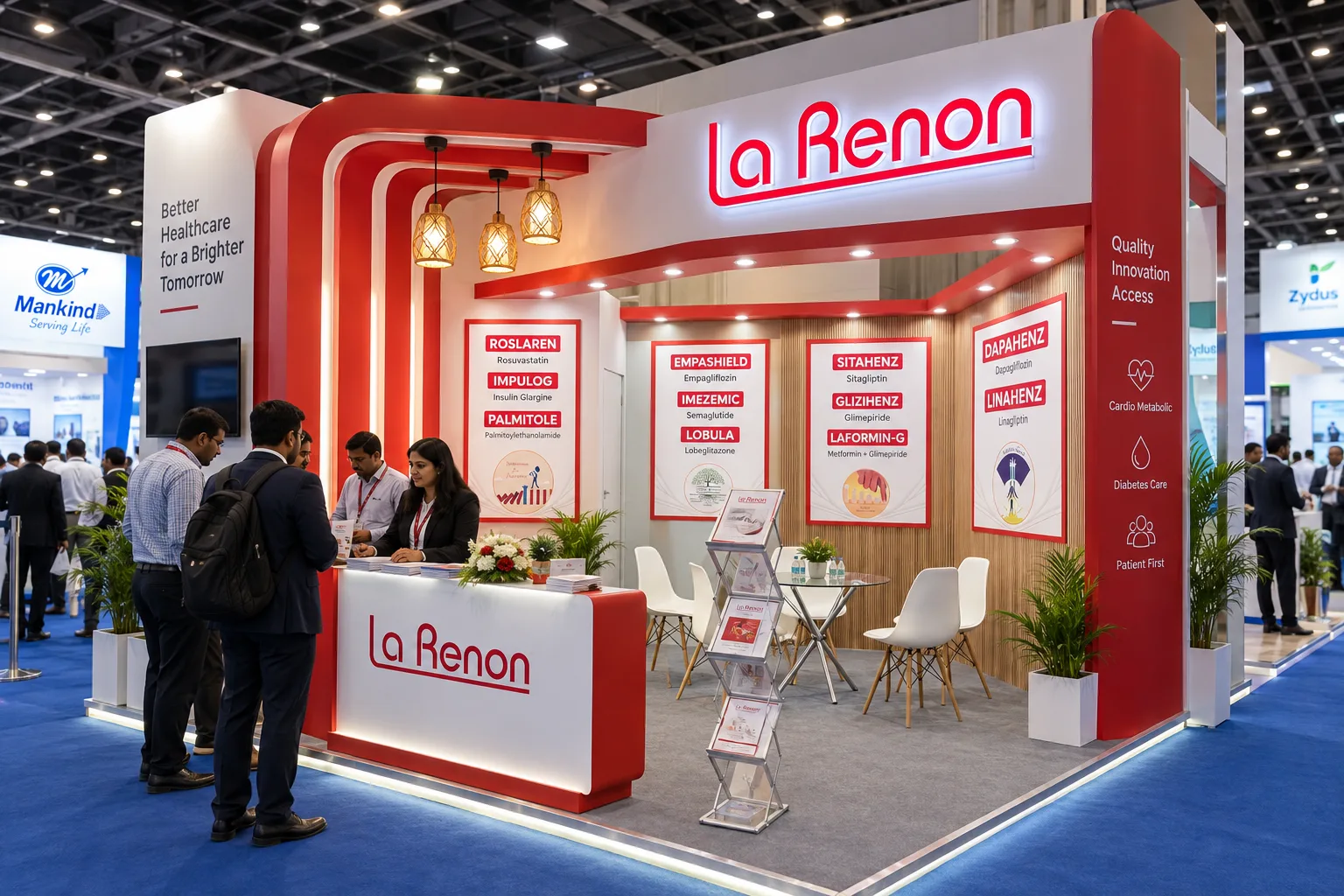 An arched-fascia exhibition stall with visitors passing its frontage.