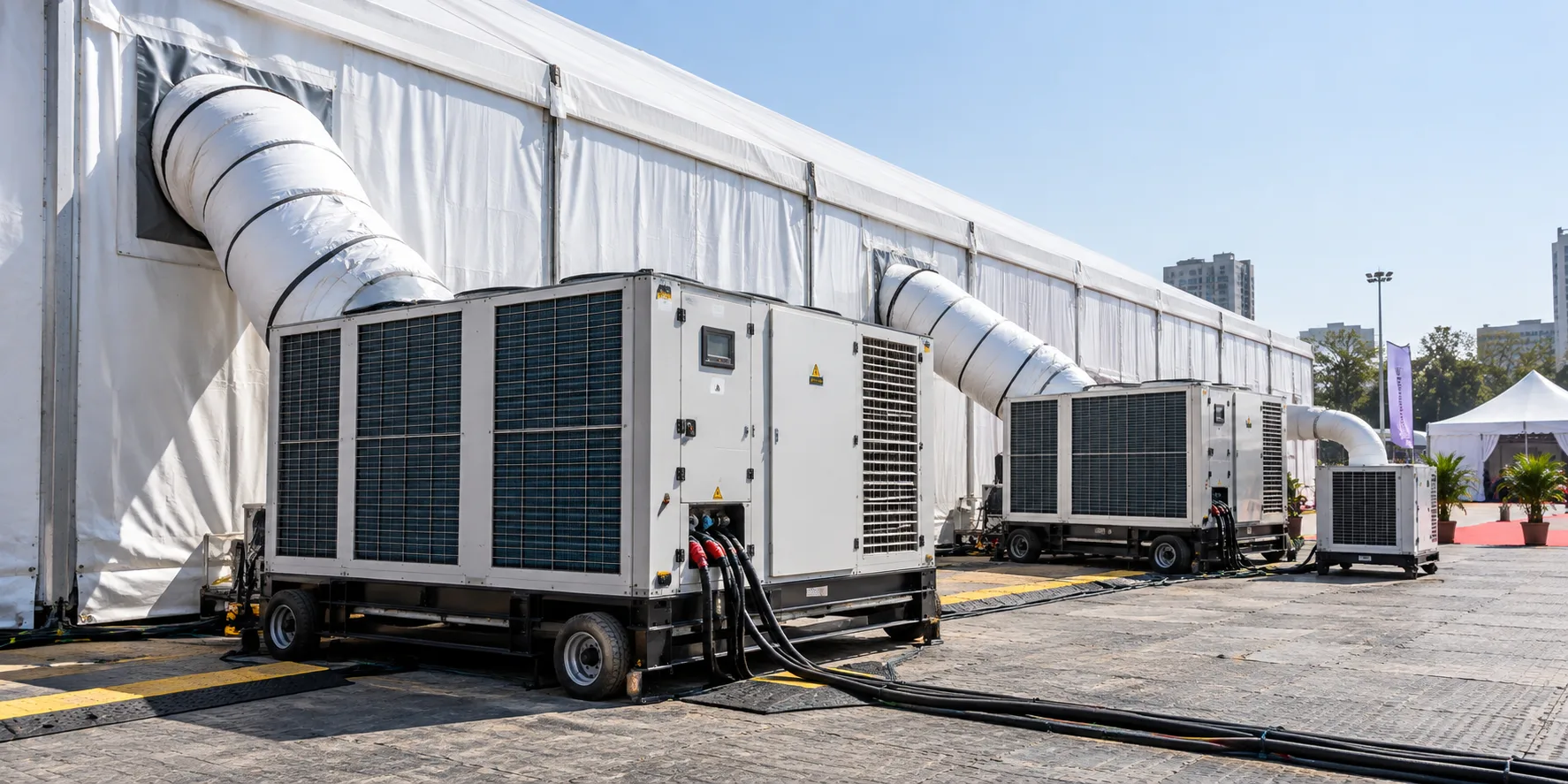 Industrial mobile AC unit hooked up to a tent