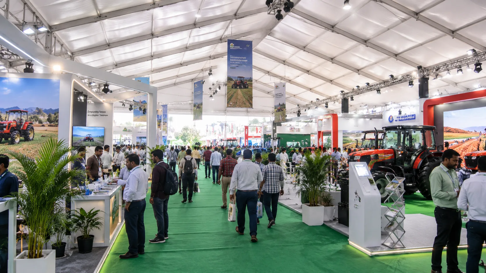 A crowded outdoor trade-fair ground with exhibitor stands and agricultural machinery.